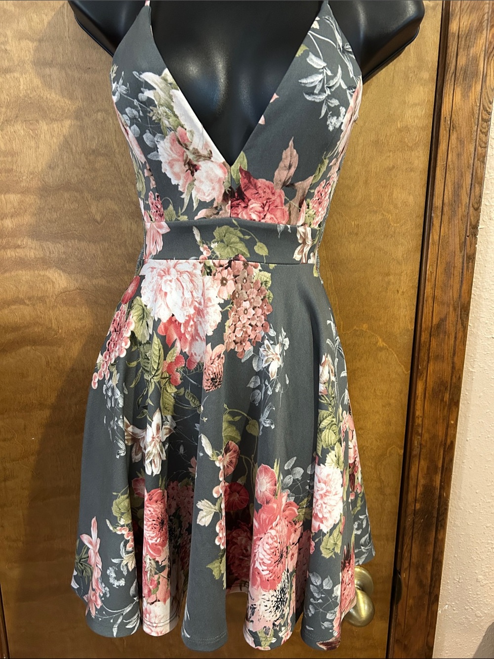Floral V-Neck Fit & Flare Dress in Gray and Pink - Homecoming